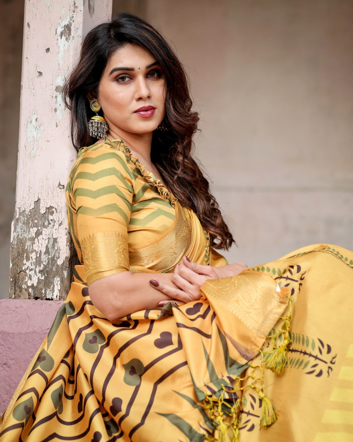 Mustard Yellow Tussar Silk Saree with Minimal Botanical Print, Golden Zari Border & Geometric Pallu