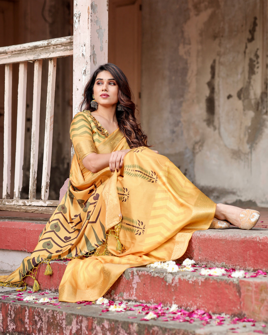Mustard Yellow Tussar Silk Saree with Minimal Botanical Print, Golden Zari Border & Geometric Pallu