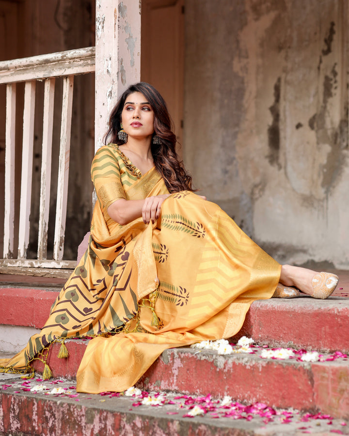 Mustard Yellow Tussar Silk Saree with Minimal Botanical Print, Golden Zari Border & Geometric Pallu