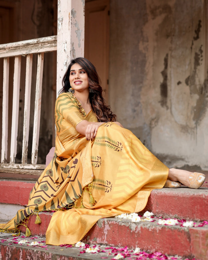 Mustard Yellow Tussar Silk Saree with Minimal Botanical Print, Golden Zari Border & Geometric Pallu