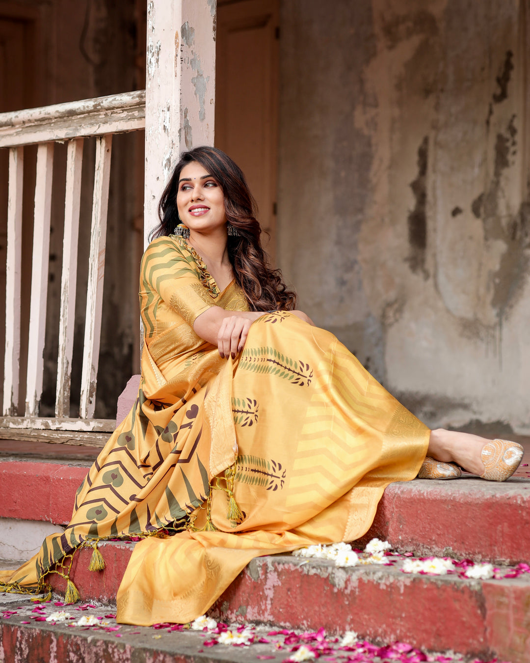 Mustard Yellow Tussar Silk Saree with Minimal Botanical Print, Golden Zari Border & Geometric Pallu