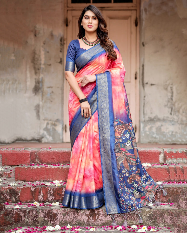 Coral Pink Tussar Silk Saree with Ombre Print, Navy Blue Zari Border & Kalamkari Peacock Pallu