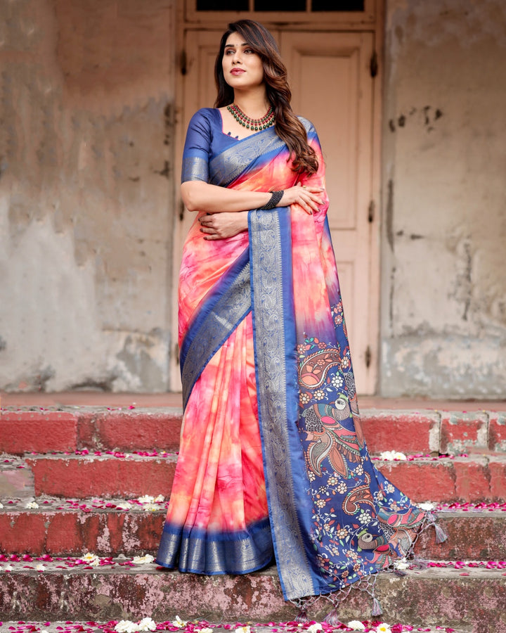 Coral Pink Tussar Silk Saree with Ombre Print, Navy Blue Zari Border & Kalamkari Peacock Pallu