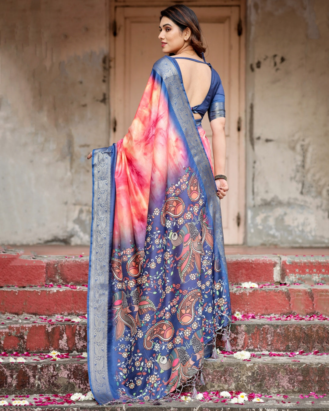 Coral Pink Tussar Silk Saree with Ombre Print, Navy Blue Zari Border & Kalamkari Peacock Pallu