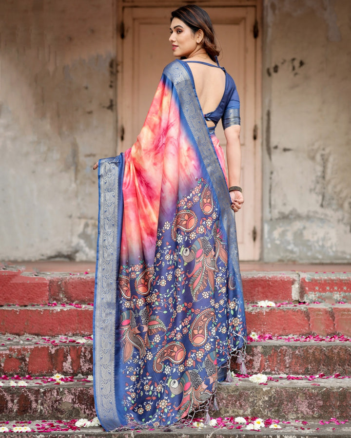 Coral Pink Tussar Silk Saree with Ombre Print, Navy Blue Zari Border & Kalamkari Peacock Pallu