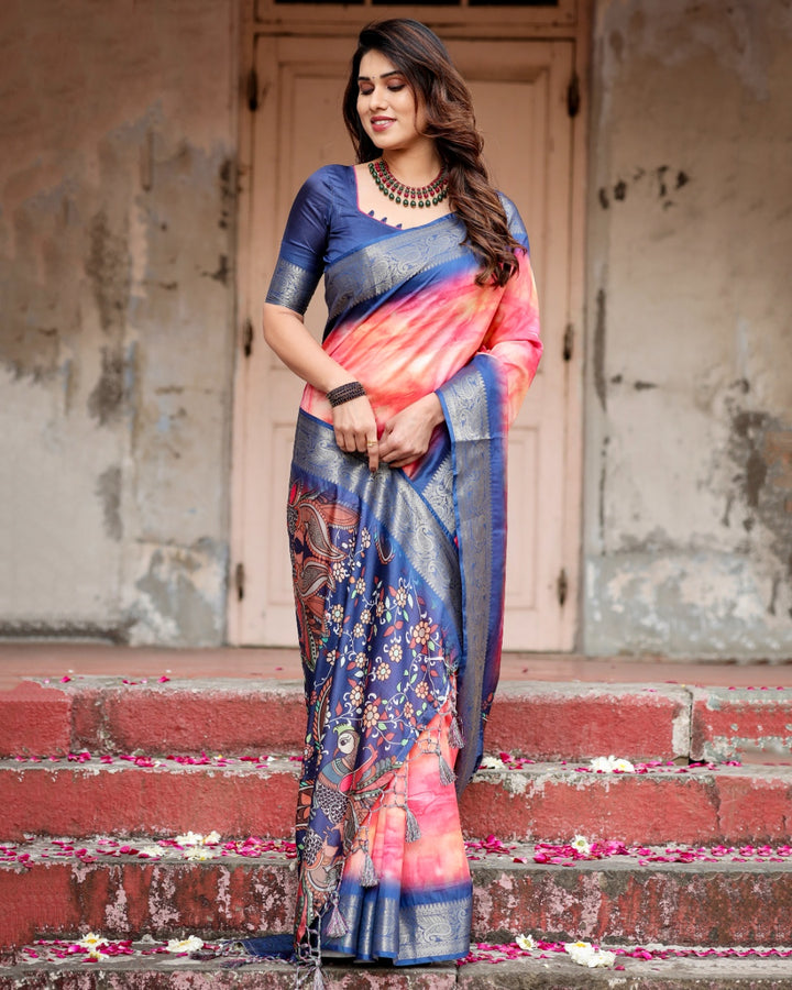 Coral Pink Tussar Silk Saree with Ombre Print, Navy Blue Zari Border & Kalamkari Peacock Pallu