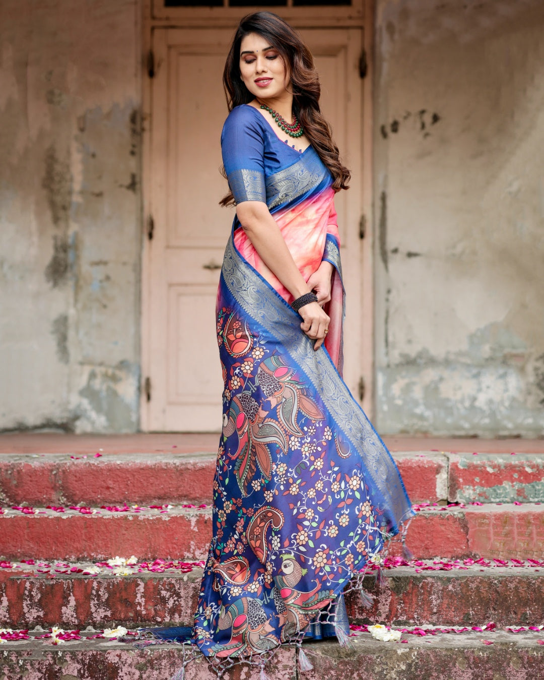 Coral Pink Tussar Silk Saree with Ombre Print, Navy Blue Zari Border & Kalamkari Peacock Pallu