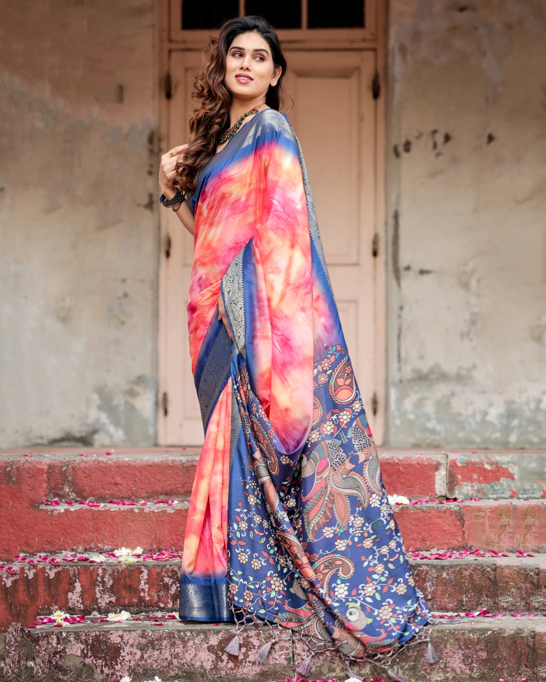 Coral Pink Tussar Silk Saree with Ombre Print, Navy Blue Zari Border & Kalamkari Peacock Pallu