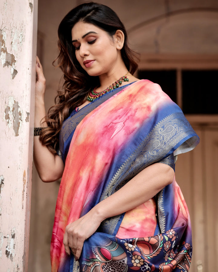 Coral Pink Tussar Silk Saree with Ombre Print, Navy Blue Zari Border & Kalamkari Peacock Pallu