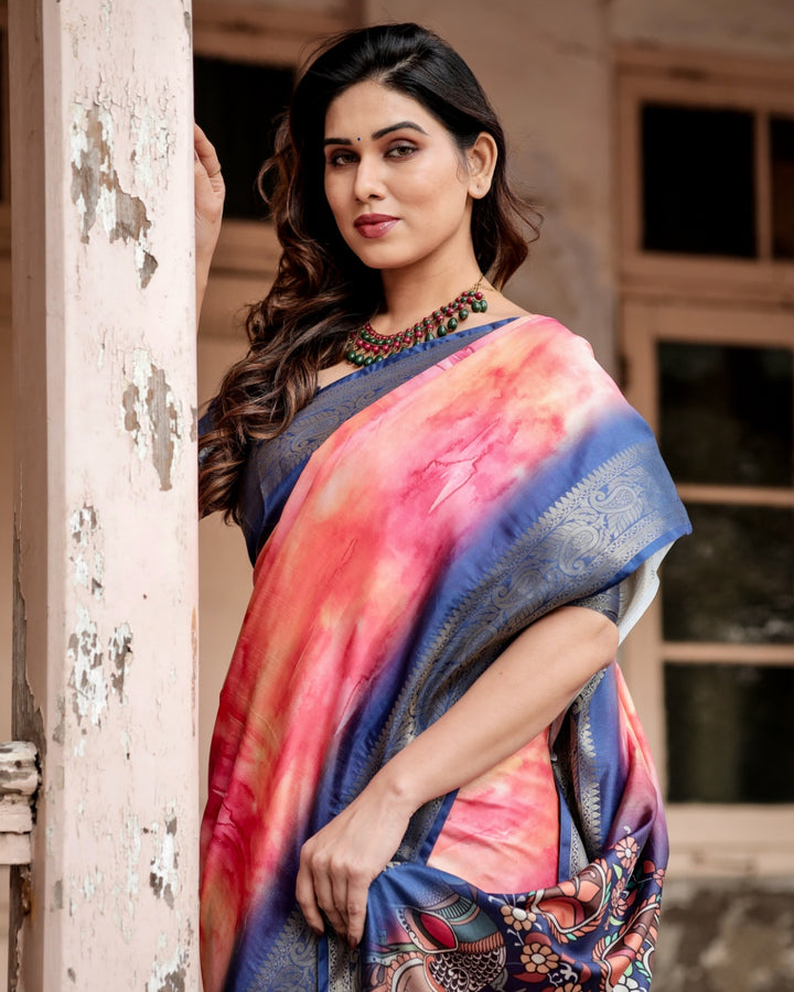 Coral Pink Tussar Silk Saree with Ombre Print, Navy Blue Zari Border & Kalamkari Peacock Pallu