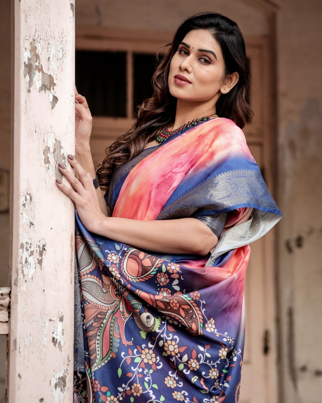 Coral Pink Tussar Silk Saree with Ombre Print, Navy Blue Zari Border & Kalamkari Peacock Pallu