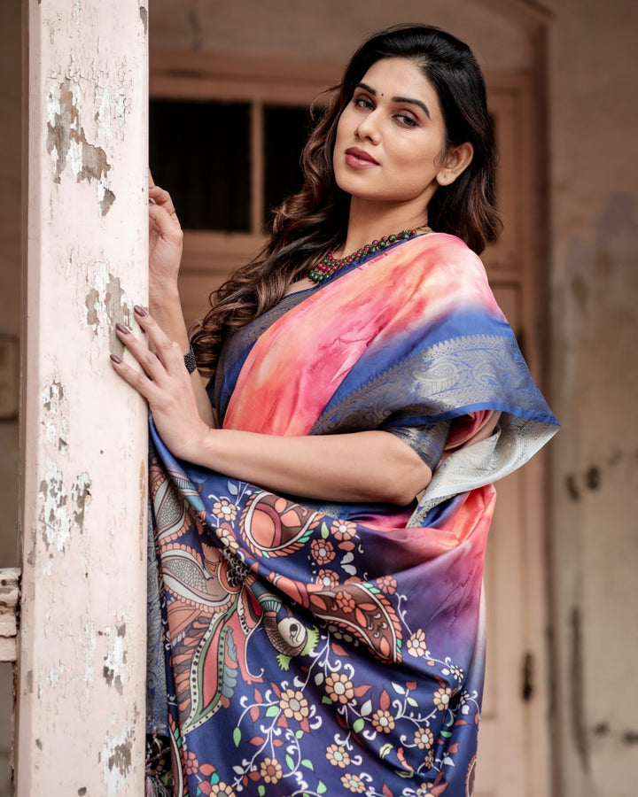 Coral Pink Tussar Silk Saree with Ombre Print, Navy Blue Zari Border & Kalamkari Peacock Pallu