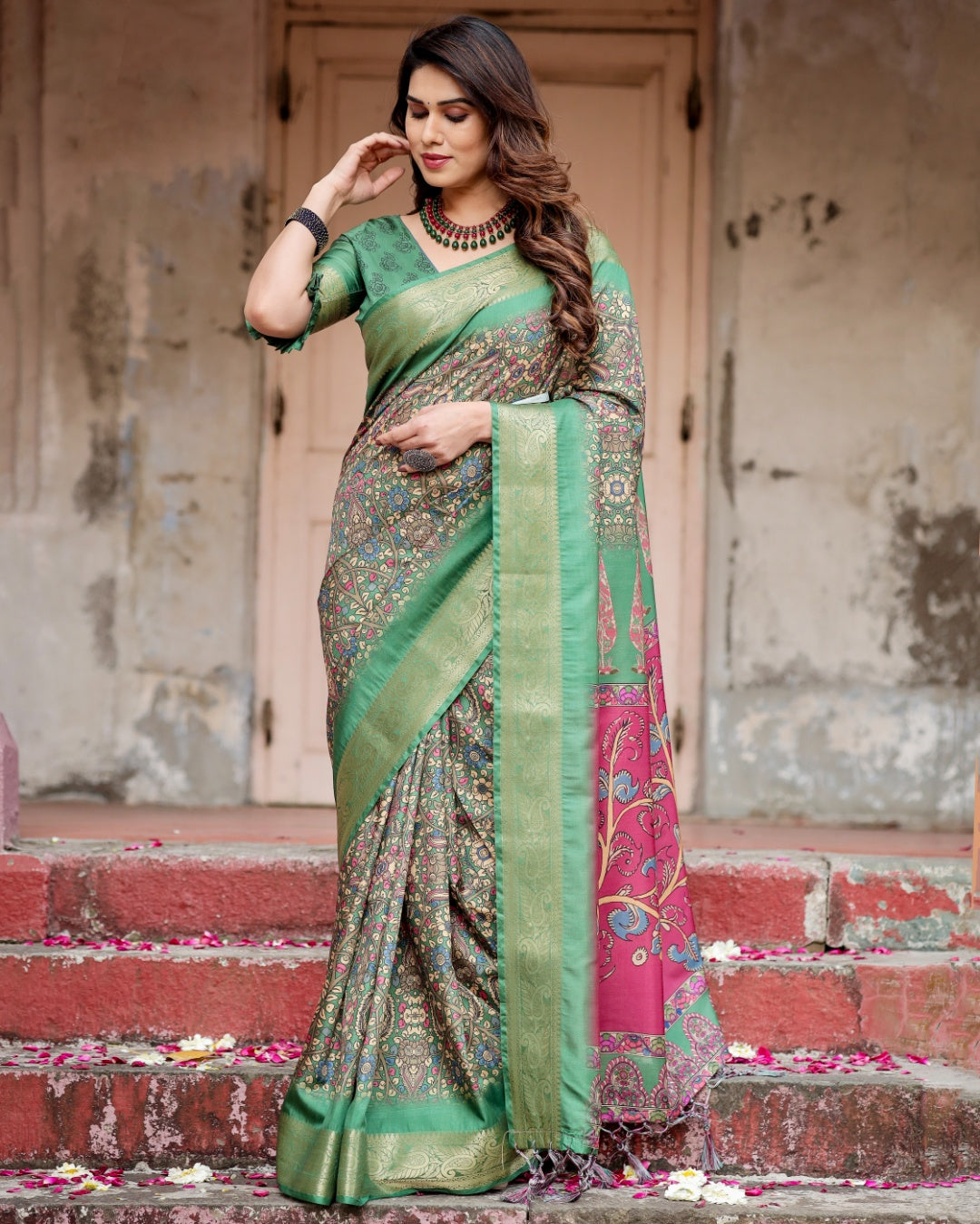 Sage Green Tussar Silk Saree with Kalamkari Print, Zari Border, Statement Pallu & Tassels