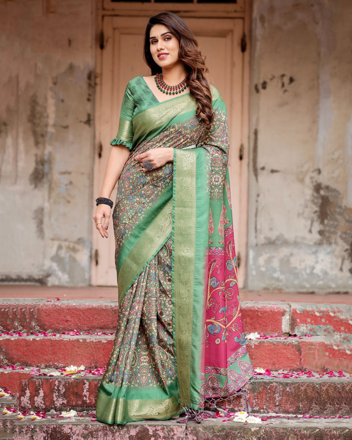 Sage Green Tussar Silk Saree with Kalamkari Print, Zari Border, Statement Pallu & Tassels