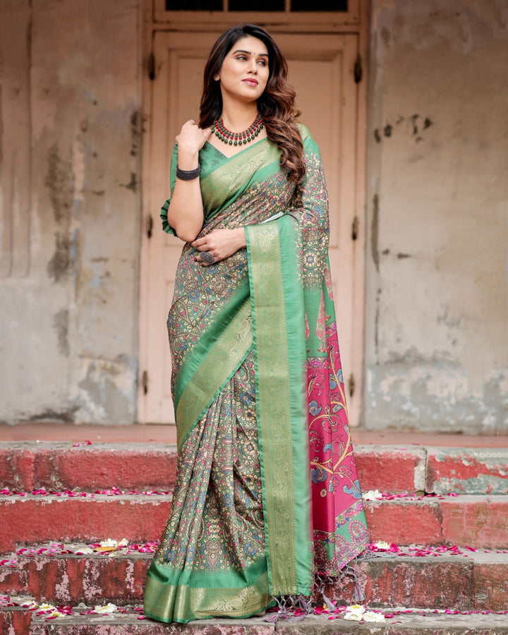 Sage Green Tussar Silk Saree with Kalamkari Print, Zari Border, Statement Pallu & Tassels