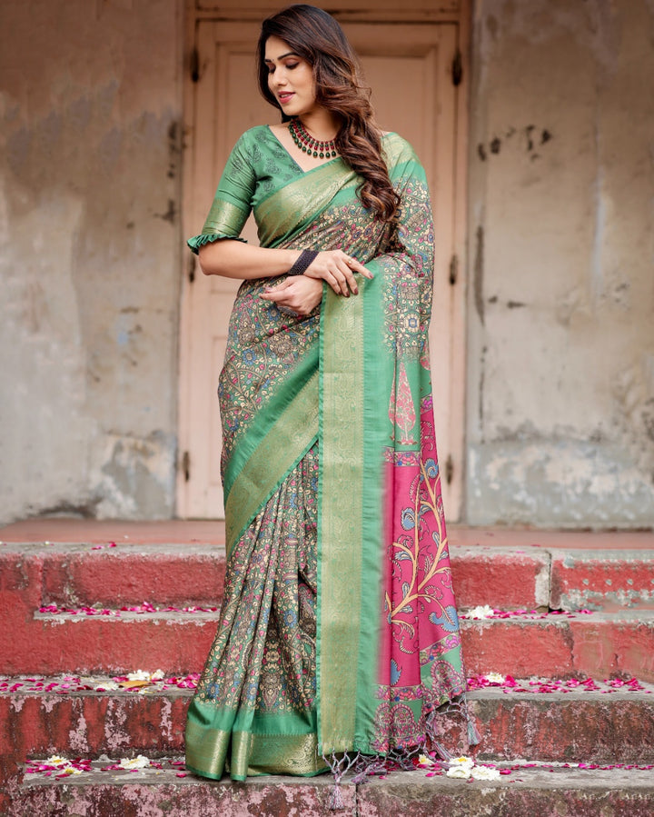 Sage Green Tussar Silk Saree with Kalamkari Print, Zari Border, Statement Pallu & Tassels