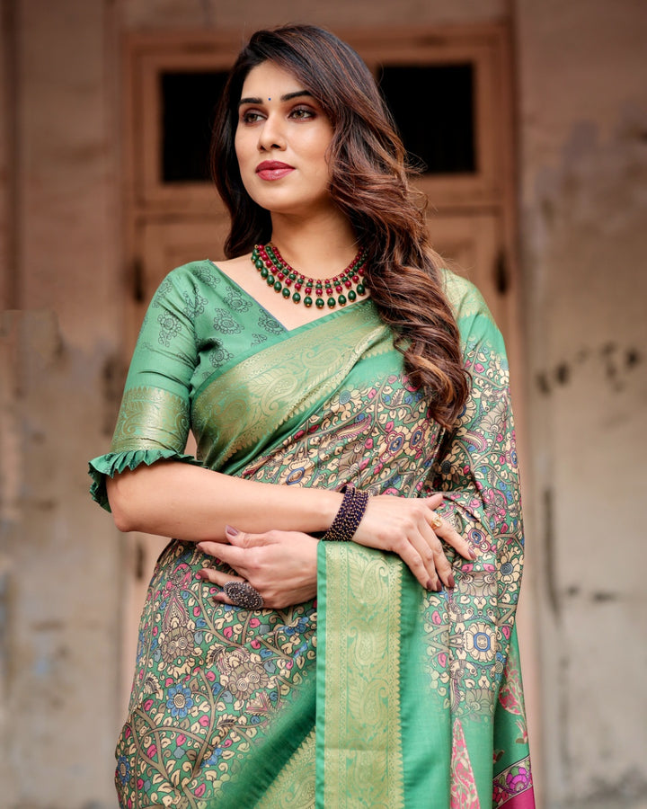 Sage Green Tussar Silk Saree with Kalamkari Print, Zari Border, Statement Pallu & Tassels