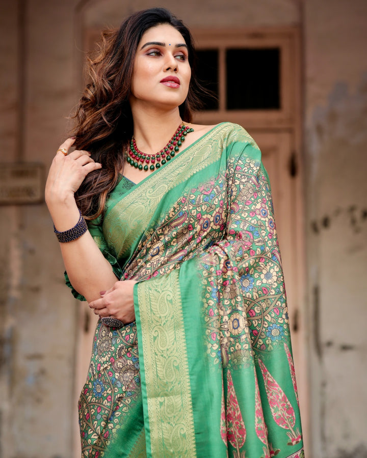 Sage Green Tussar Silk Saree with Kalamkari Print, Zari Border, Statement Pallu & Tassels