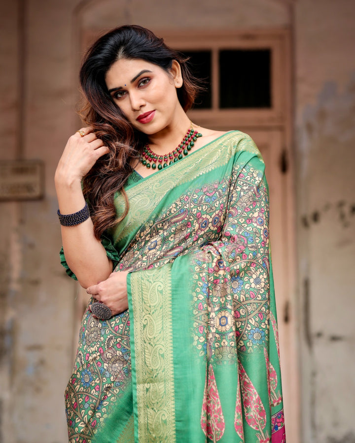 Sage Green Tussar Silk Saree with Kalamkari Print, Zari Border, Statement Pallu & Tassels