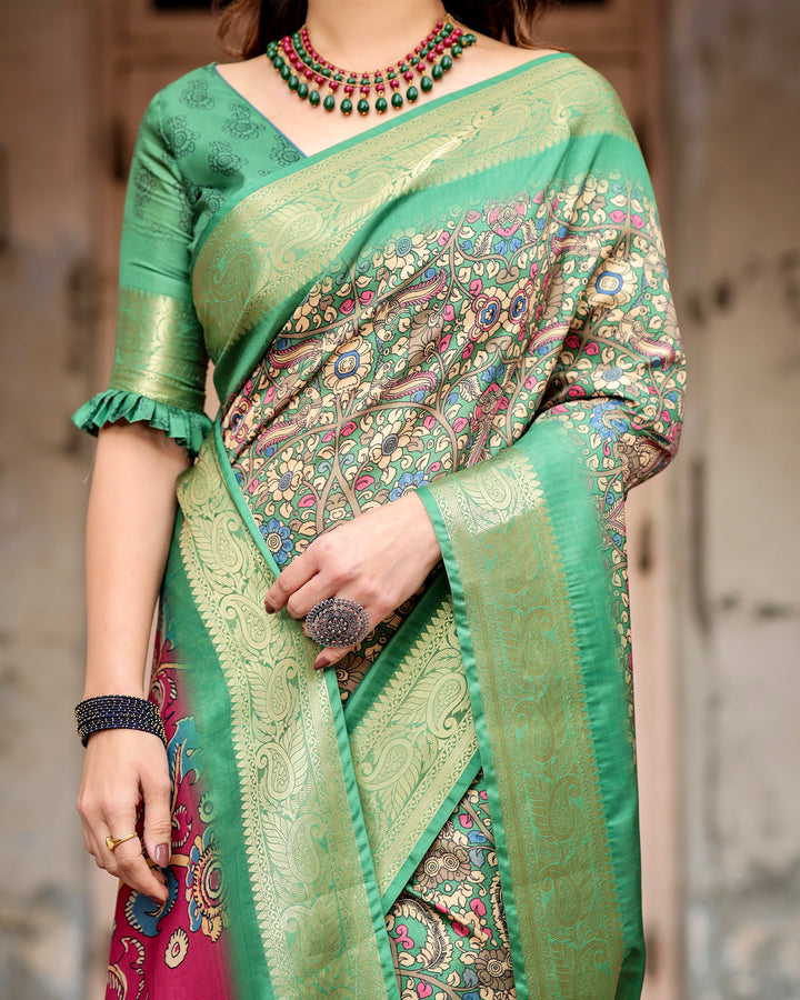 Sage Green Tussar Silk Saree with Kalamkari Print, Zari Border, Statement Pallu & Tassels