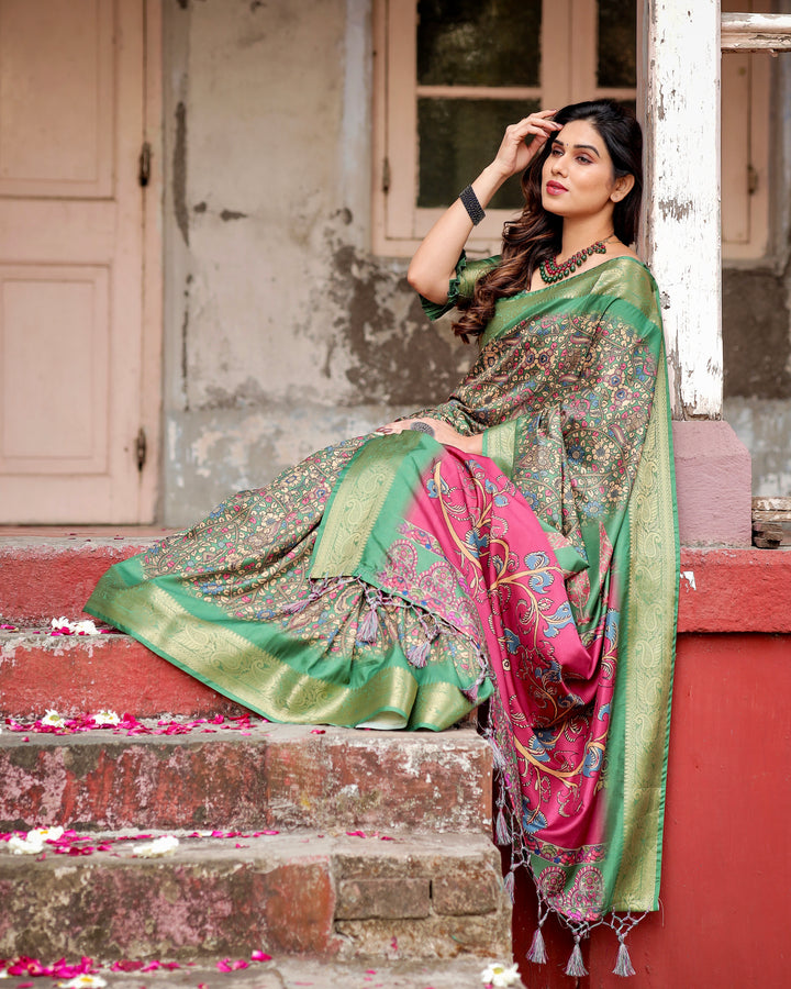 Sage Green Tussar Silk Saree with Kalamkari Print, Zari Border, Statement Pallu & Tassels