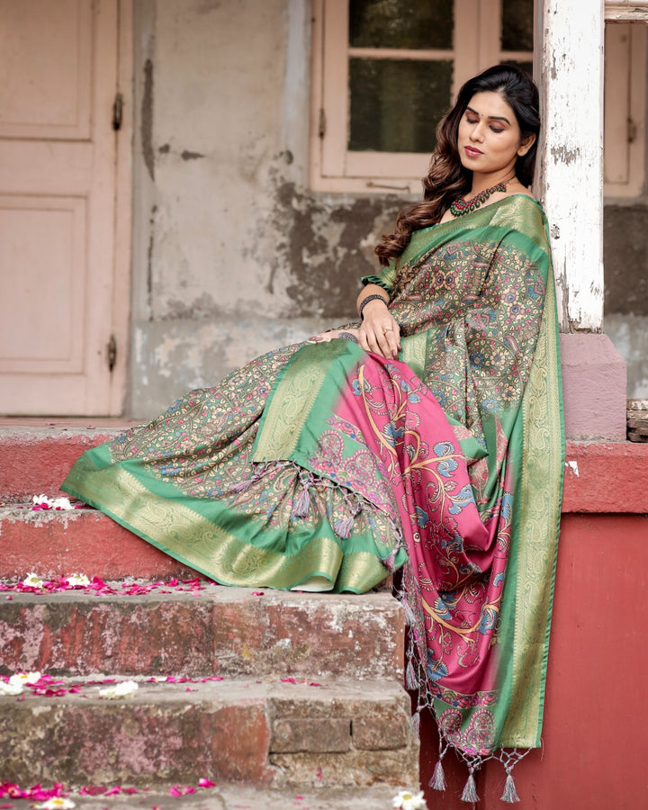 Sage Green Tussar Silk Saree with Kalamkari Print, Zari Border, Statement Pallu & Tassels