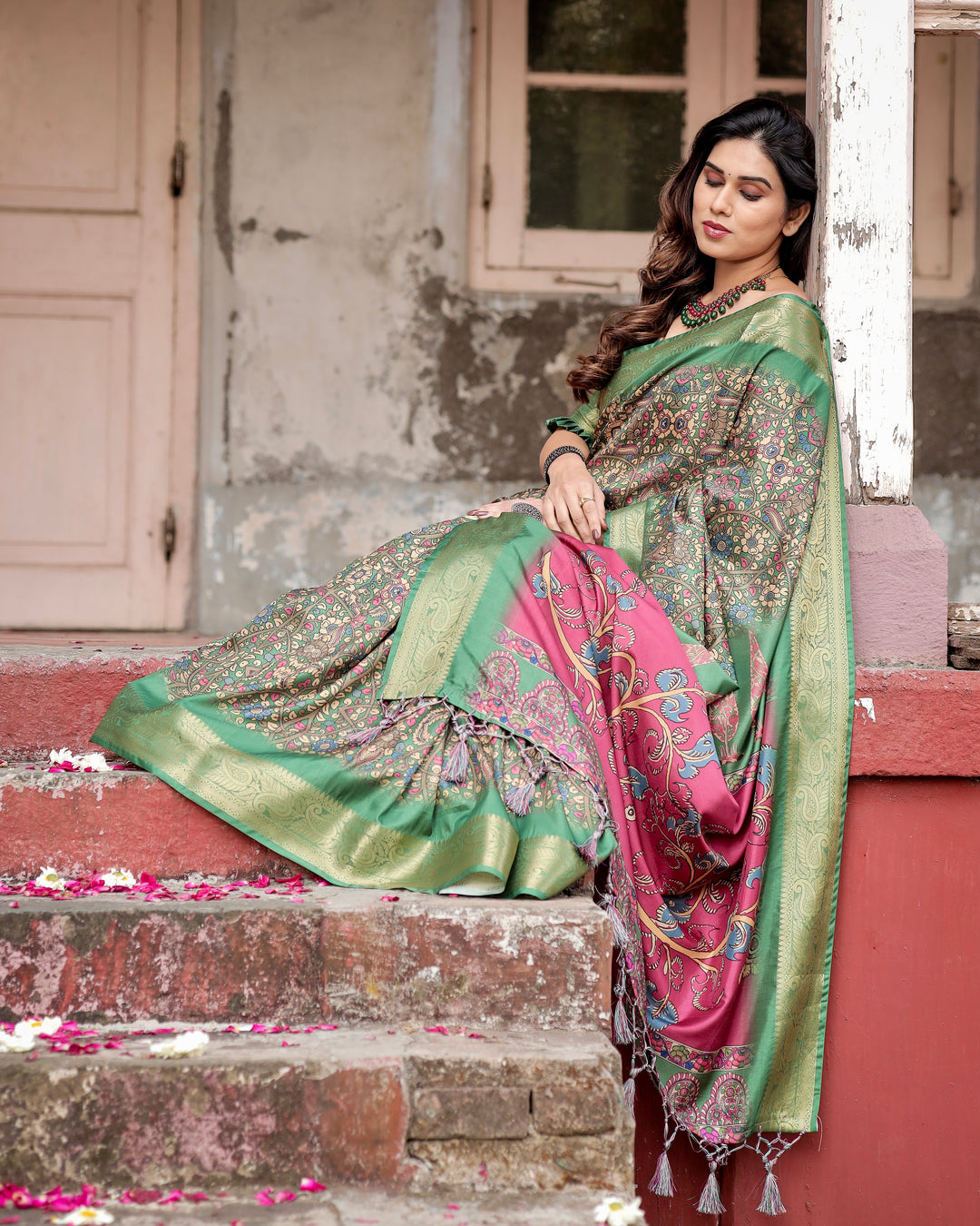 Sage Green Tussar Silk Saree with Kalamkari Print, Zari Border, Statement Pallu & Tassels
