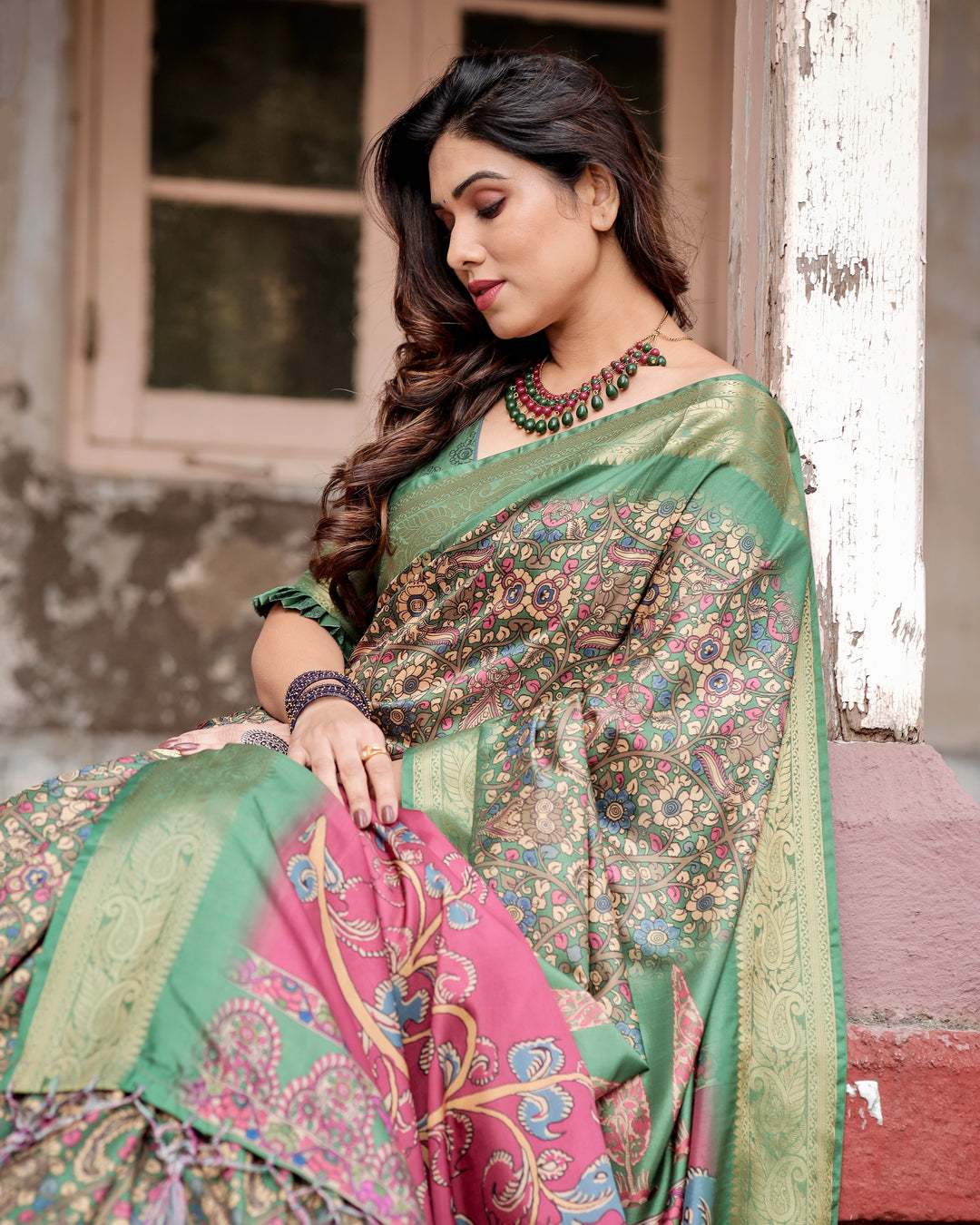 Sage Green Tussar Silk Saree with Kalamkari Print, Zari Border, Statement Pallu & Tassels
