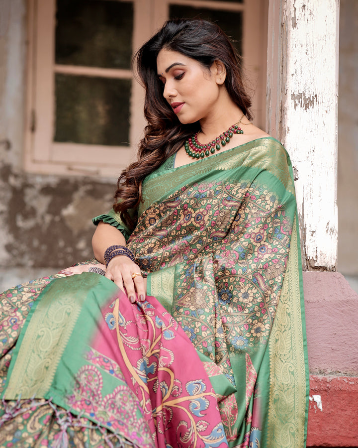 Sage Green Tussar Silk Saree with Kalamkari Print, Zari Border, Statement Pallu & Tassels