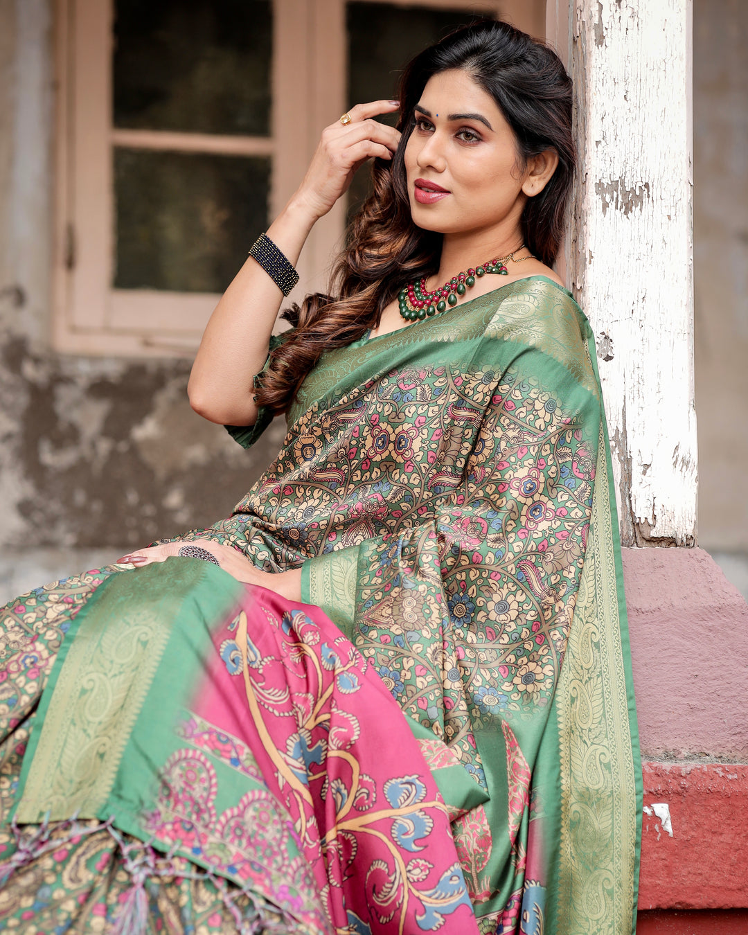 Sage Green Tussar Silk Saree with Kalamkari Print, Zari Border, Statement Pallu & Tassels