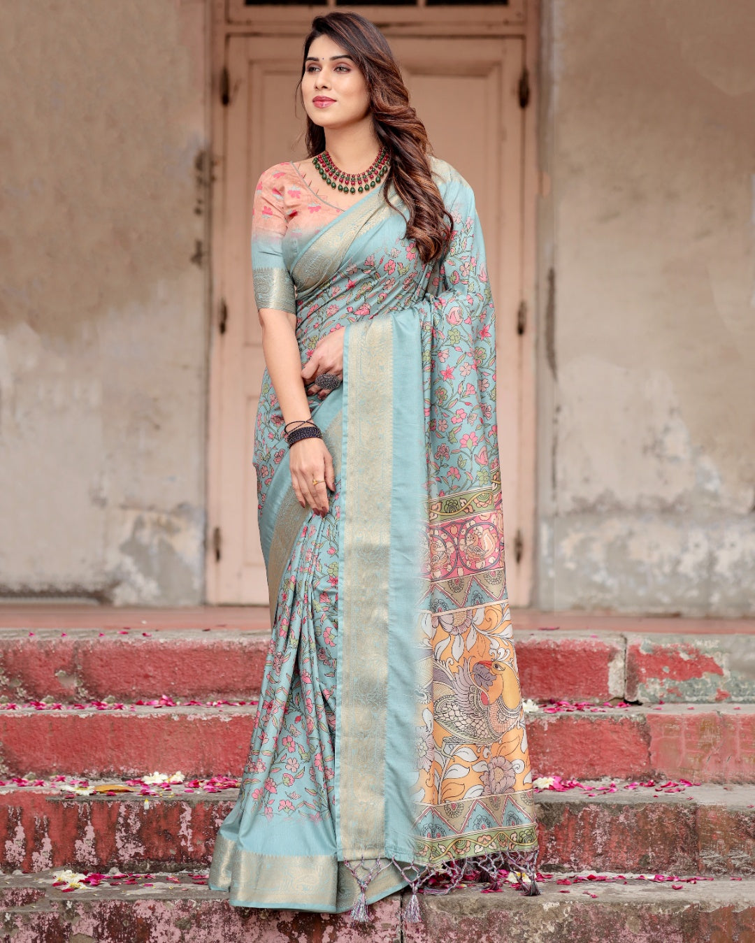 Powder Blue Tussar Silk Saree with Floral Kalamkari Print, Zari Border, Artistic Pallu & Tassels