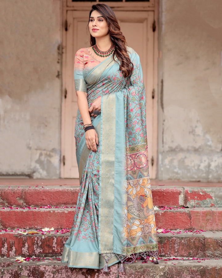 Powder Blue Tussar Silk Saree with Floral Kalamkari Print, Zari Border, Artistic Pallu & Tassels