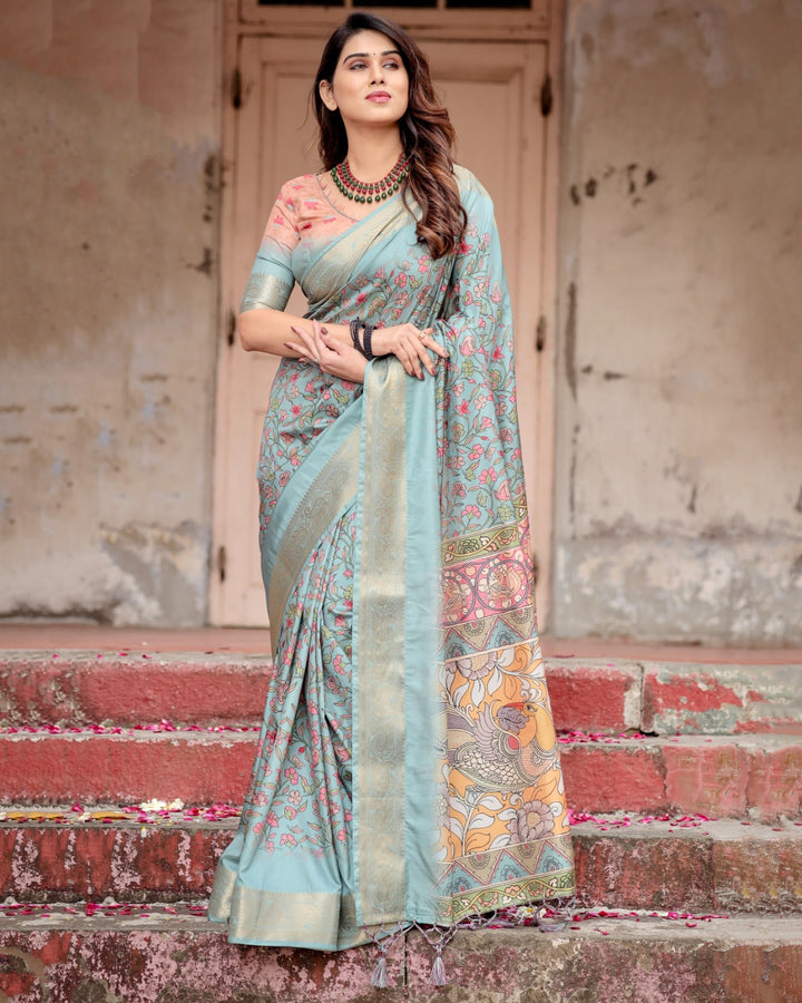 Powder Blue Tussar Silk Saree with Floral Kalamkari Print, Zari Border, Artistic Pallu & Tassels