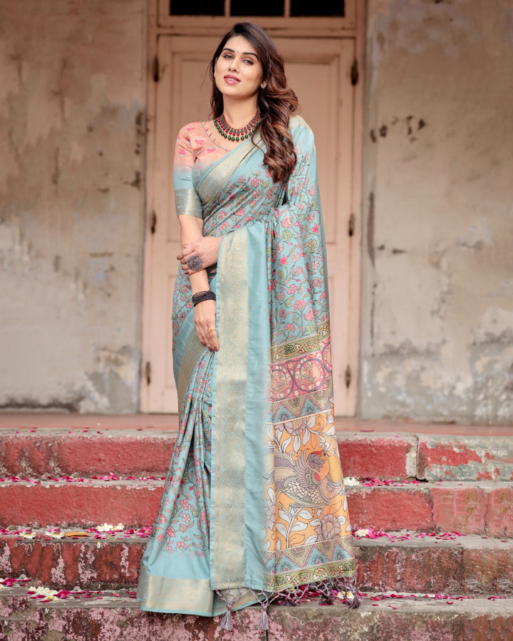 Powder Blue Tussar Silk Saree with Floral Kalamkari Print, Zari Border, Artistic Pallu & Tassels