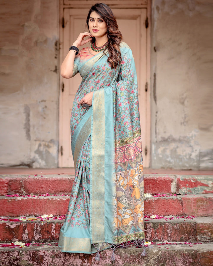 Powder Blue Tussar Silk Saree with Floral Kalamkari Print, Zari Border, Artistic Pallu & Tassels