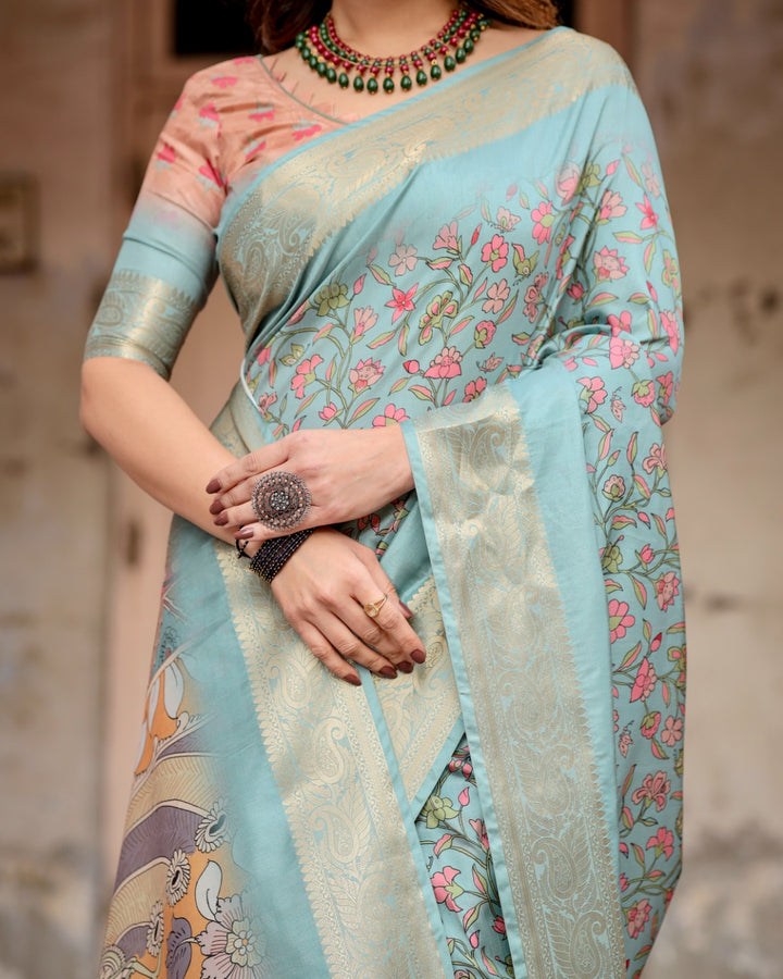 Powder Blue Tussar Silk Saree with Floral Kalamkari Print, Zari Border, Artistic Pallu & Tassels