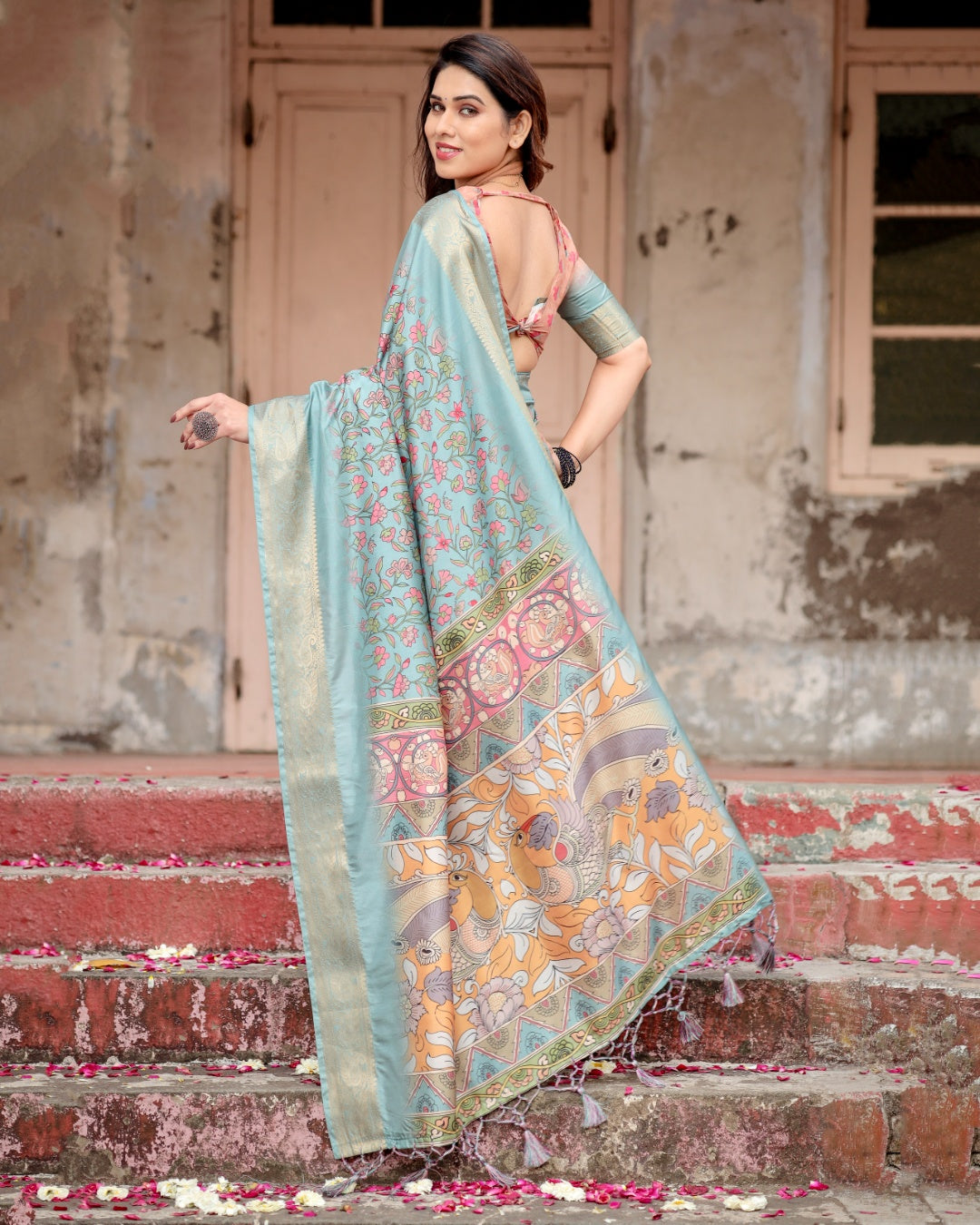 Powder Blue Tussar Silk Saree with Floral Kalamkari Print, Zari Border, Artistic Pallu & Tassels