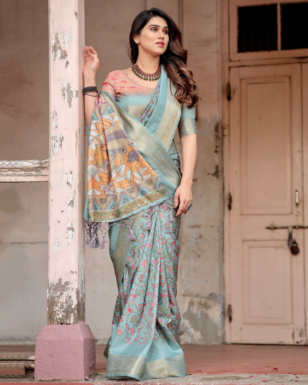 Powder Blue Tussar Silk Saree with Floral Kalamkari Print, Zari Border, Artistic Pallu & Tassels