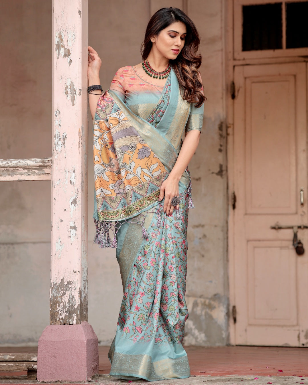 Powder Blue Tussar Silk Saree with Floral Kalamkari Print, Zari Border, Artistic Pallu & Tassels