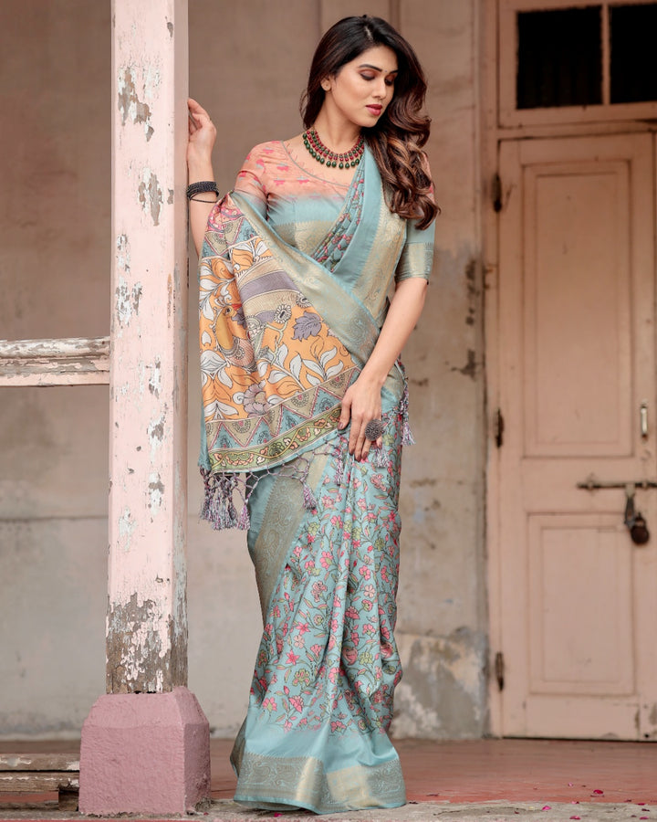 Powder Blue Tussar Silk Saree with Floral Kalamkari Print, Zari Border, Artistic Pallu & Tassels