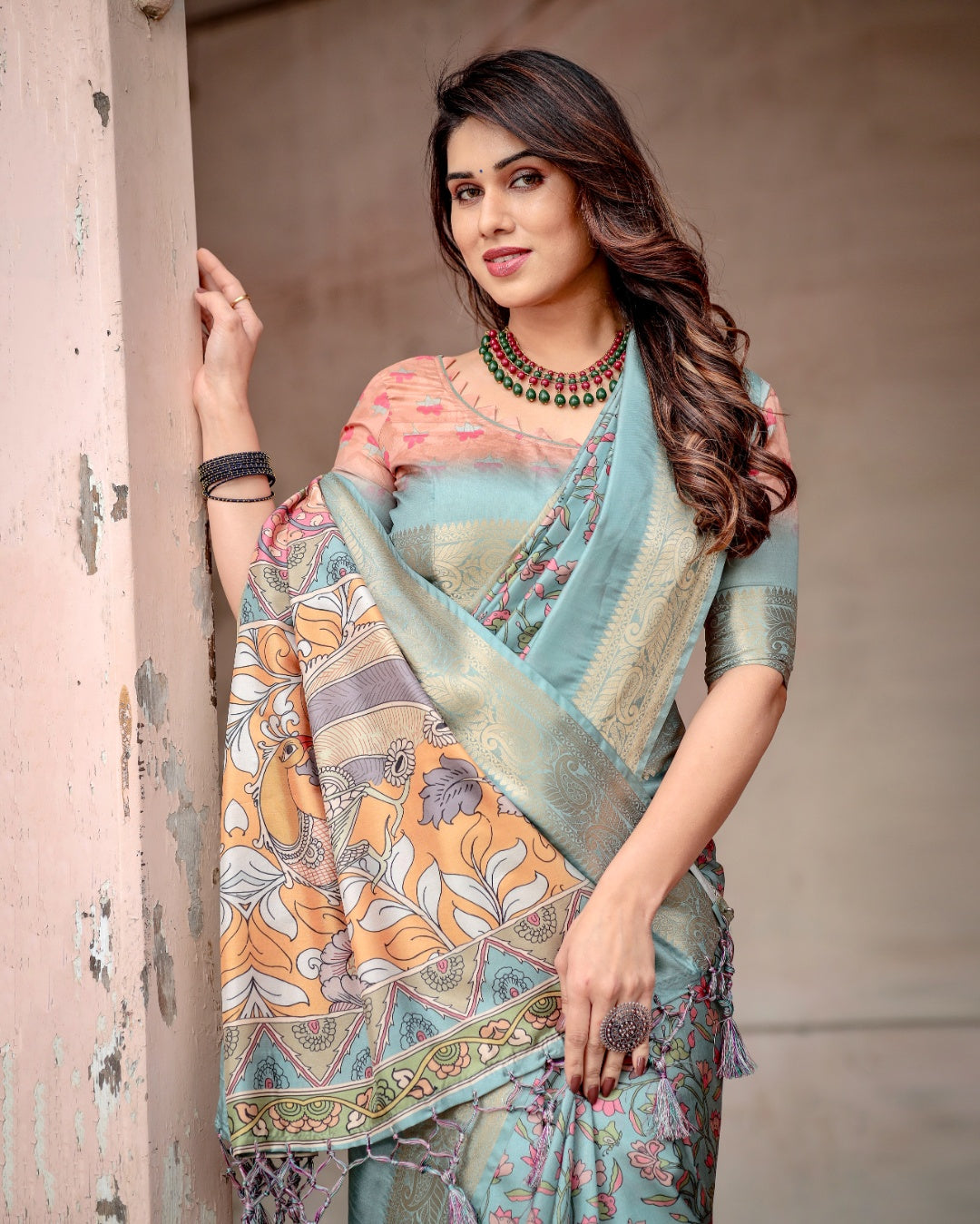 Powder Blue Tussar Silk Saree with Floral Kalamkari Print, Zari Border, Artistic Pallu & Tassels