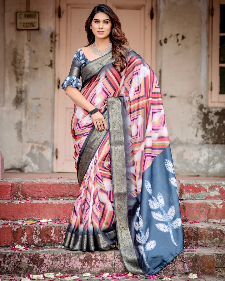 Multicolour Geometric Print Tussar Silk Saree with Charcoal Grey Zari Border, Shibori Pallu & Tassels