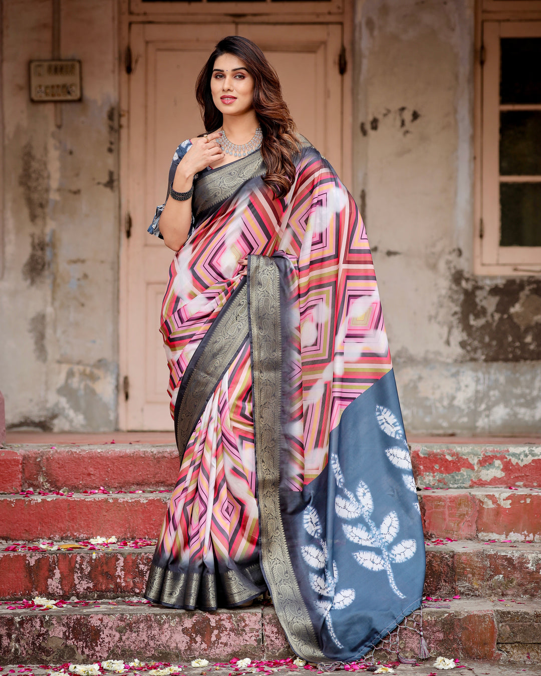 Multicolour Geometric Print Tussar Silk Saree with Charcoal Grey Zari Border, Shibori Pallu & Tassels