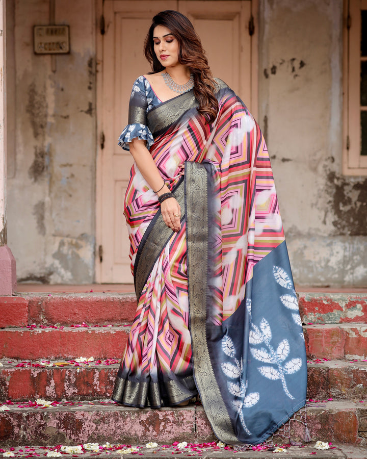 Multicolour Geometric Print Tussar Silk Saree with Charcoal Grey Zari Border, Shibori Pallu & Tassels