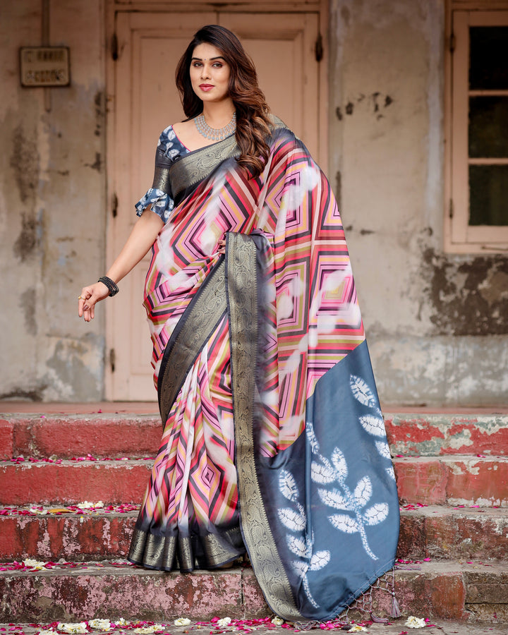 Multicolour Geometric Print Tussar Silk Saree with Charcoal Grey Zari Border, Shibori Pallu & Tassels