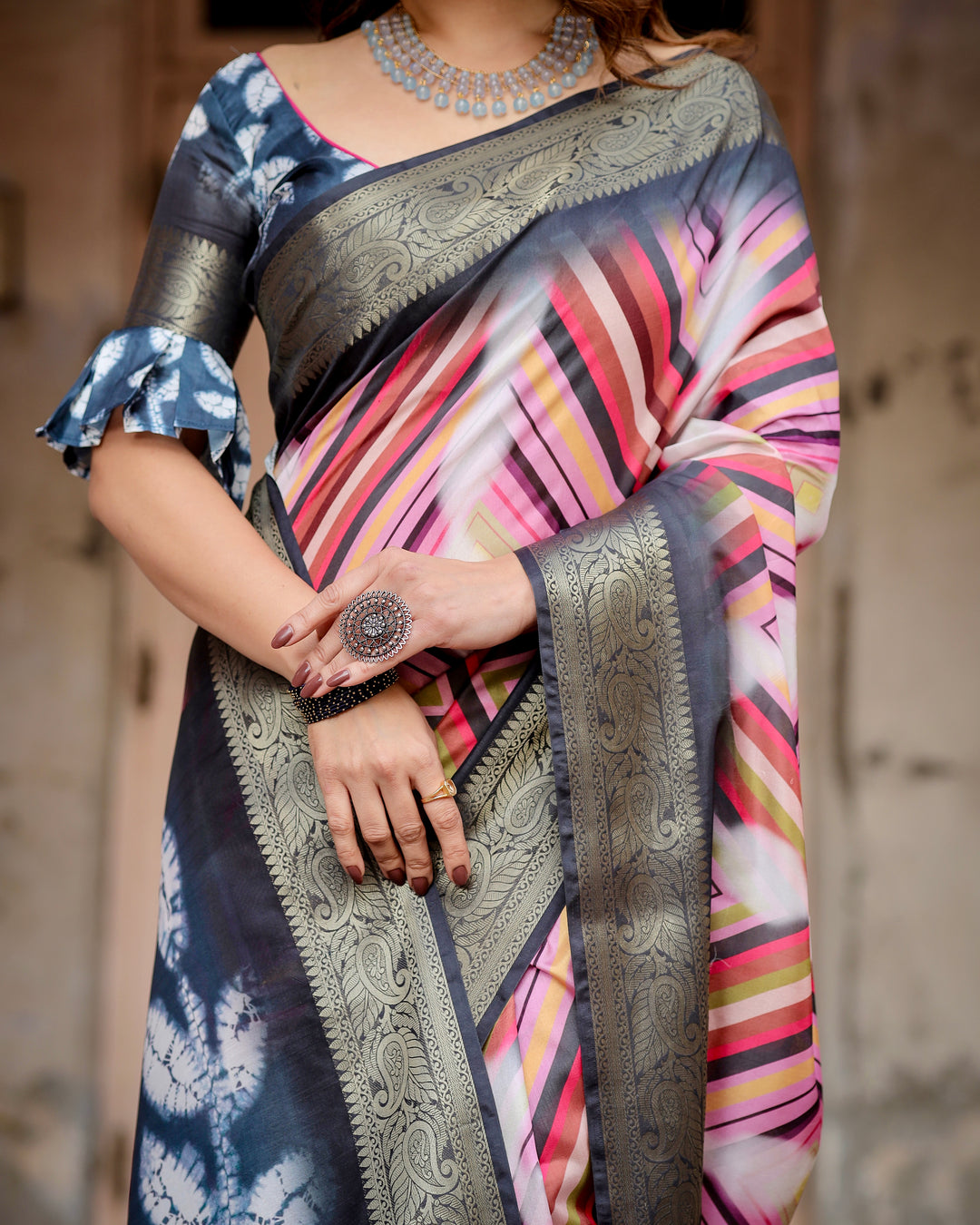 Multicolour Geometric Print Tussar Silk Saree with Charcoal Grey Zari Border, Shibori Pallu & Tassels