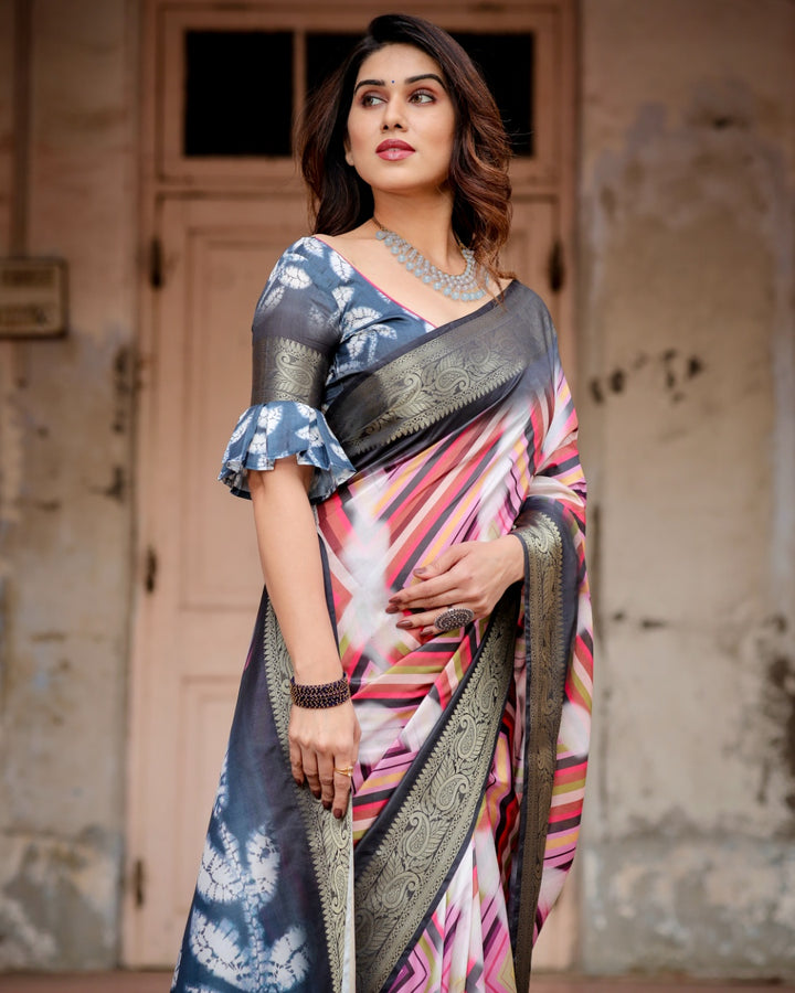 Multicolour Geometric Print Tussar Silk Saree with Charcoal Grey Zari Border, Shibori Pallu & Tassels