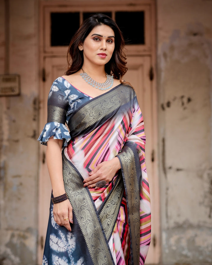 Multicolour Geometric Print Tussar Silk Saree with Charcoal Grey Zari Border, Shibori Pallu & Tassels