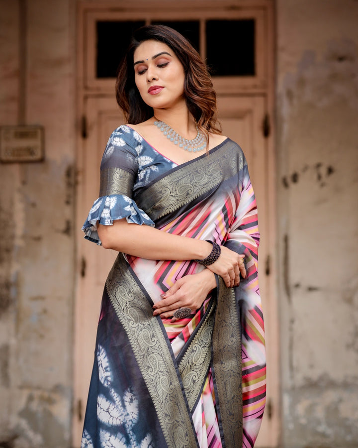 Multicolour Geometric Print Tussar Silk Saree with Charcoal Grey Zari Border, Shibori Pallu & Tassels
