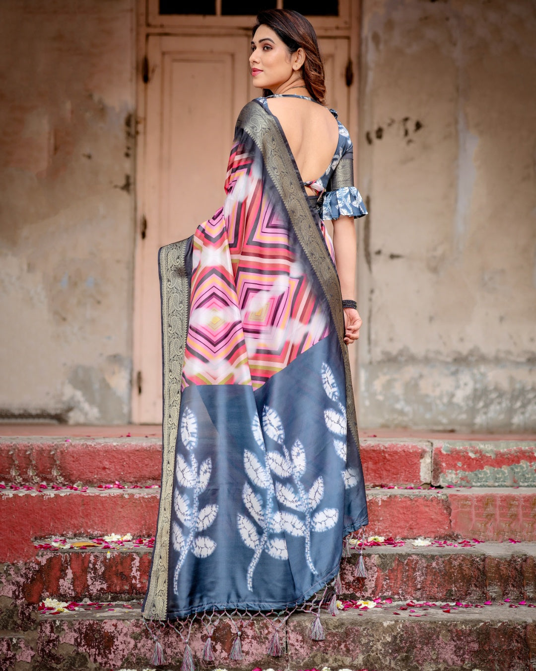 Multicolour Geometric Print Tussar Silk Saree with Charcoal Grey Zari Border, Shibori Pallu & Tassels